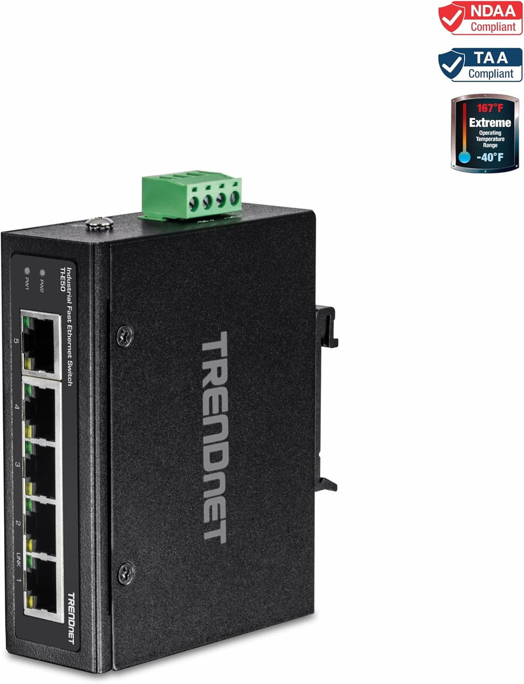 TRENDnet Conmutador de carril DIN de Ethernet rápido industrial, TI-E50