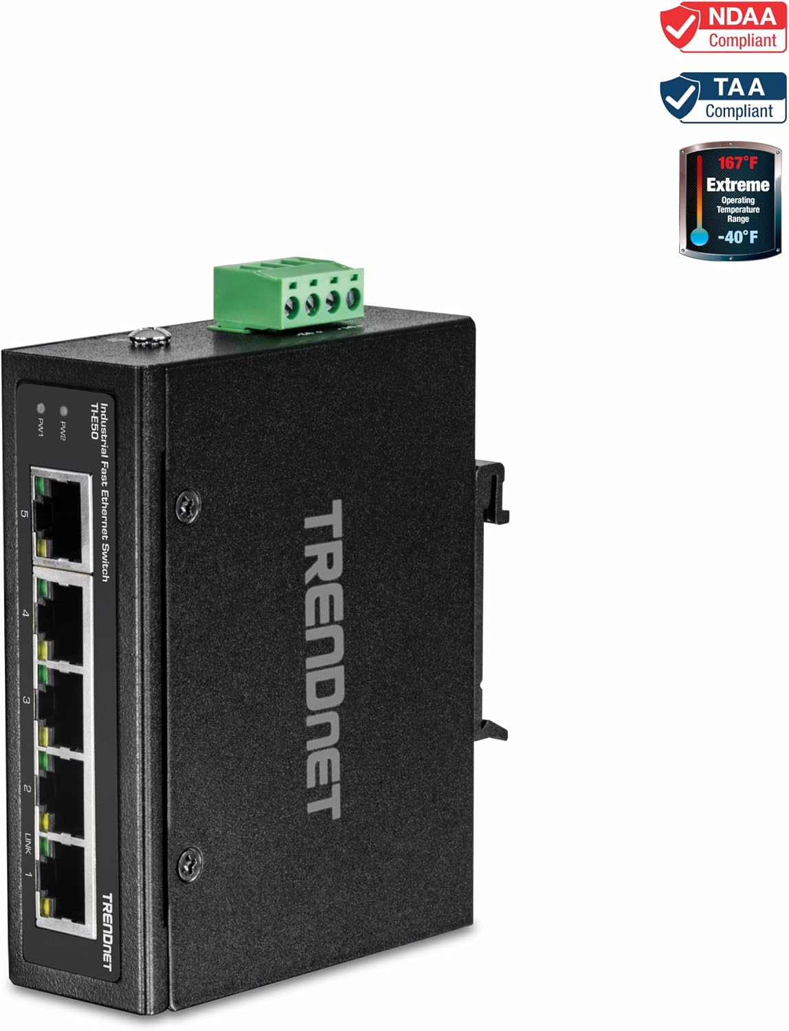 TRENDnet Conmutador de carril DIN de Ethernet rápido industrial, TI-E50