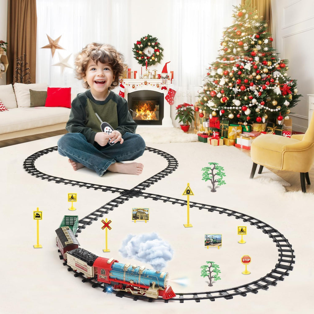 Juego de tren de control remoto para niños de 3 a 8 años, tren de juguete eléctrico con vapor, luces y sonidos, incluye 17 pistas y batería recargable para jugar en interiores