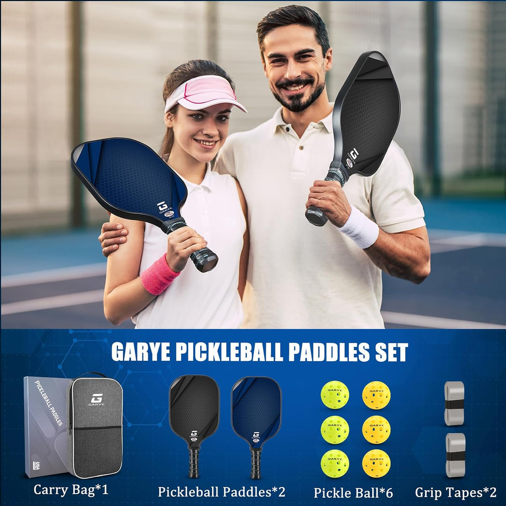 GARYE Juego de 2/4 palas de pickleball aprobadas por USAPA, juego de pickleball de fibra de carbono, raquetas ligeras de pickleball, paquete de 2/4 con 6 bolas, 1 bolsa, par de cintas de agarre