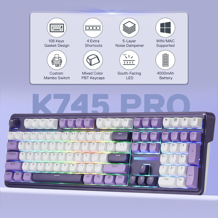 Redragon K745 PRO Teclado de juego inalámbrico con junta RGB, tecla...