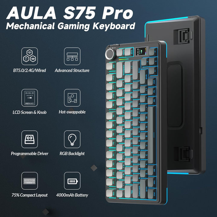 AULA Teclado mecánico inalámbrico S75 PRO con pantalla y perilla, t...