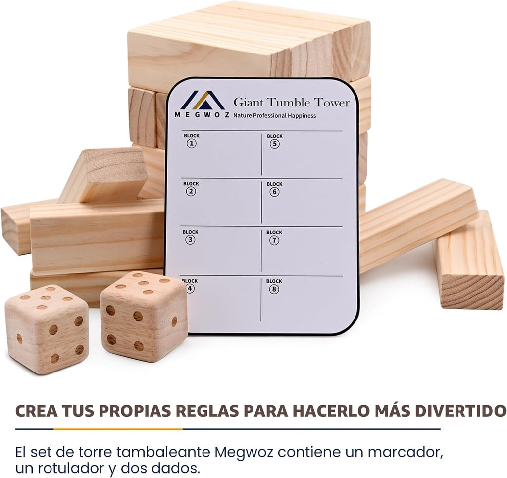 Juegos gigantes de torre de caída para niños y adultos, 57 bloques de madera de pino de Nueva Zelanda apilados a más de 4.2 pies, juegos familiares para interiores y exteriores, juegos de patio