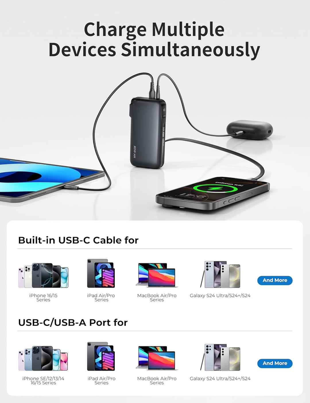 JOYFAR Cargador portátil de 22.5 W con cable USB-C integrado y ench...