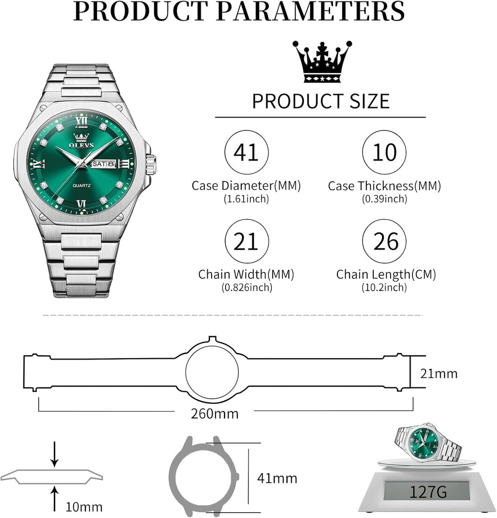 OLEVS Reloj de cuarzo octogonal de acero inoxidable para hombre, resistente al agua, para negocios, casual, de vestir, reloj de pulsera de lujo con diamantes luminosos para el día y fecha, regalo para