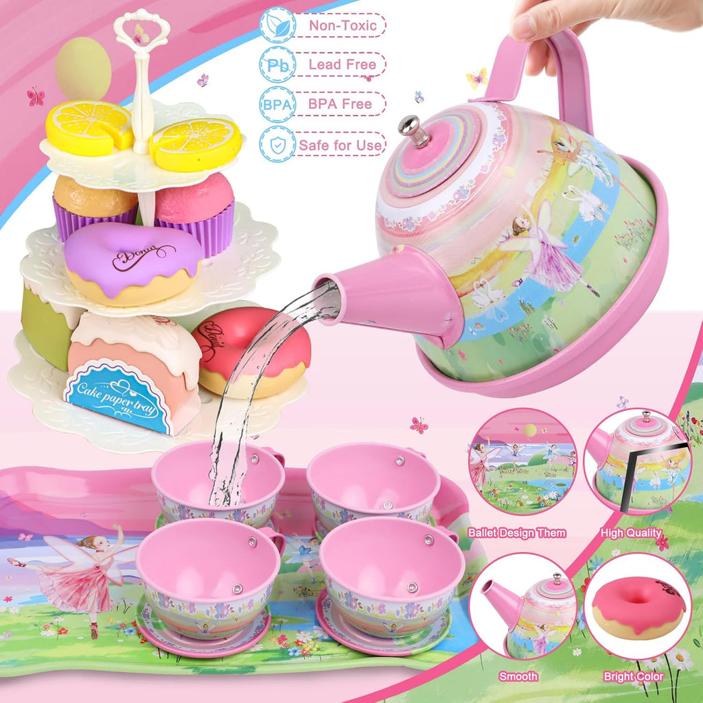 Juego de té para niñas pequeñas, 50 piezas de juguete de princesa para fiestas de té, incluye postre, galletas, dona, bandeja de tetera, pastel, mantel y funda de transporte, juego de