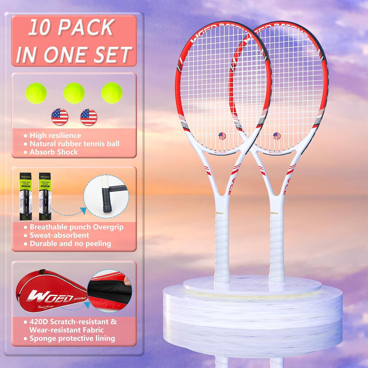 Raqueta de tenis profesional para adultos, 2 jugadores de 27 pulgadas, raqueta de tenis de velocidad aceptable para principiantes y profesionales con 3 pelotas de tenis, 2 amortiguadores de vibración,