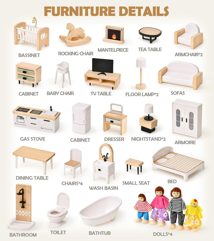 Set de muebles para casa de muñecas Toyssa, 36 piezas de madera de...