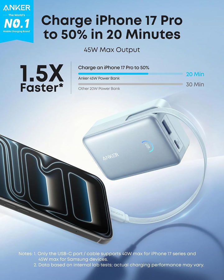 Anker Cargador portátil nano, 45 W 10000 mAh con cable retráctil de...