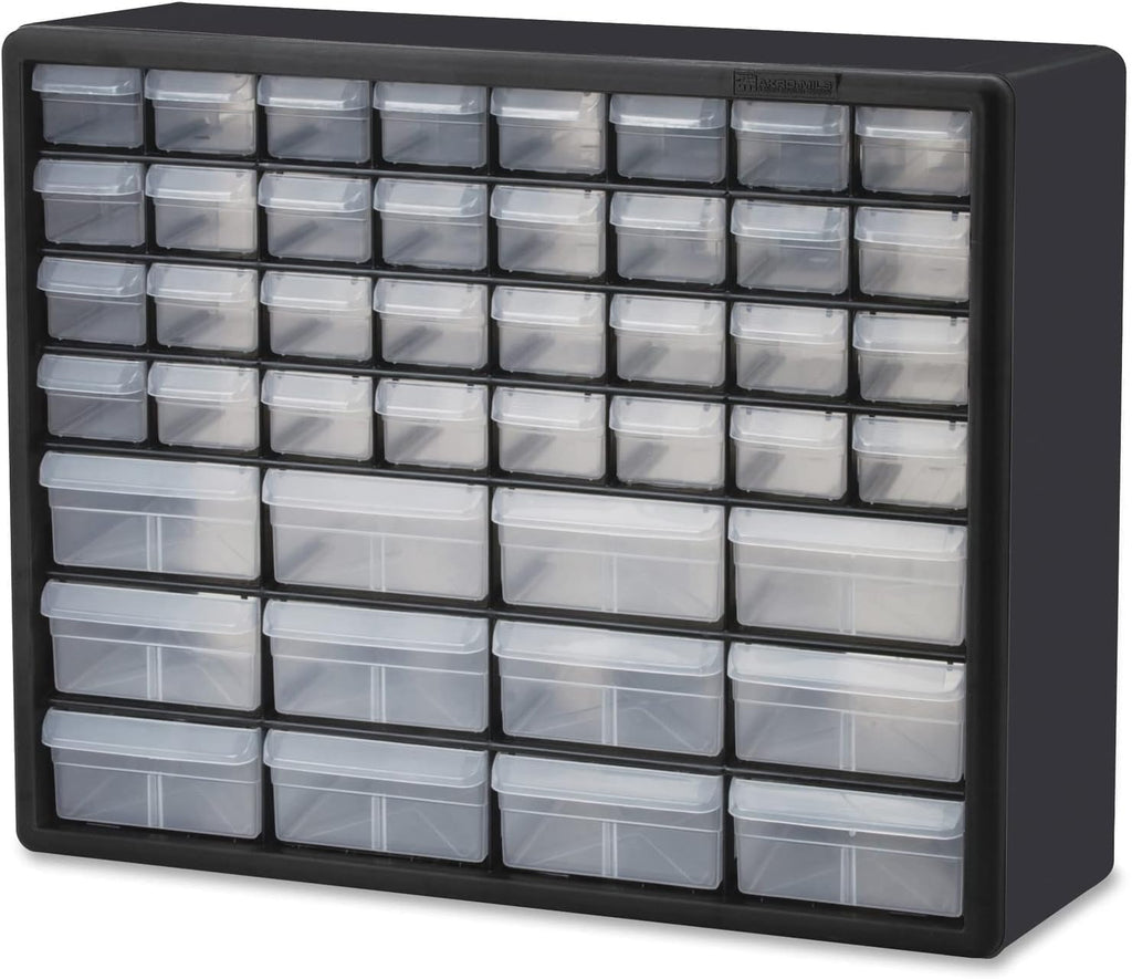 Akro-Mils Gabinete de almacenamiento de plástico con 44 cajones, 20 pulgadas de ancho x 6 pulgadas de profundidad x 16 pulgadas de alto, negro