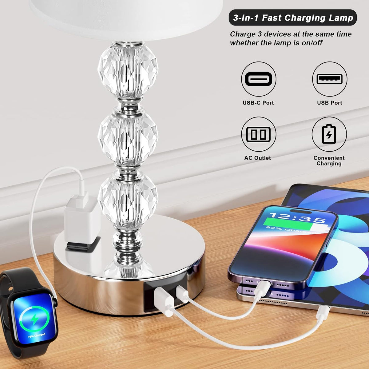 Lámpara Lámparas de cristal táctiles para mesitas de noche de dormitorios con puerto de carga USB C+A y toma de corriente AC, blancas, regulables de 3 niveles, plateadas, lámpara pequeña de mesa lateral para