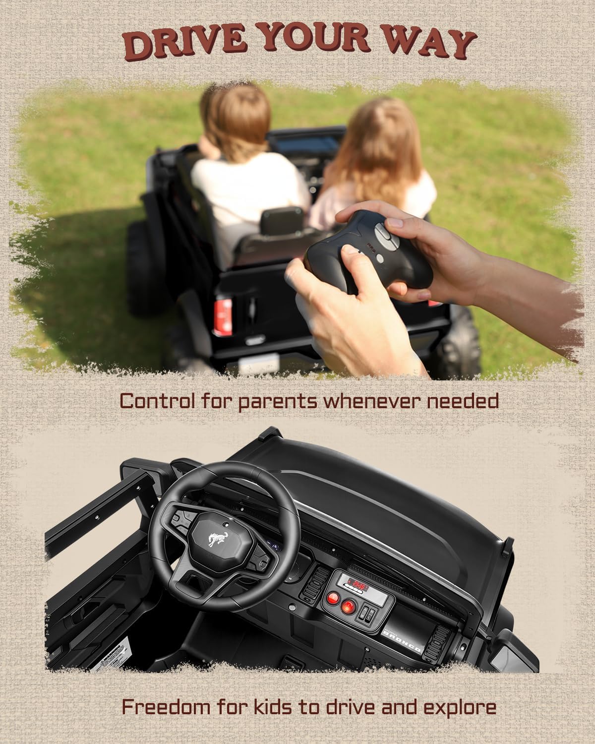 First Ride On Juguetes de paseo de 24 V para niños grandes, auto base Ford Bronco con licencia de 2 plazas, automóvil eléctrico para niños con control remoto para padres, Bluetooth, cinturones de seguridad, suspensión de resorte y LED (negro)
