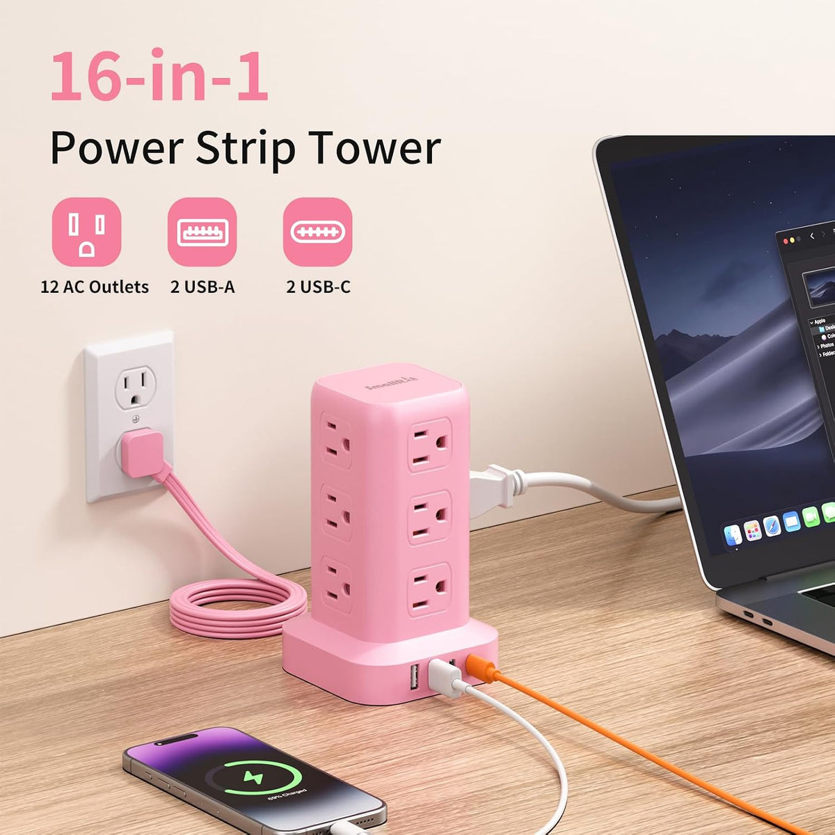 SMALLRT - Cable de extensión con múltiples tomas, torre de regleta de alimentación SMALLRT con 12 salidas de CA, 4 USB, cable de extensión de 6.5 pies para el hogar, dormitorio, suministros de oficina