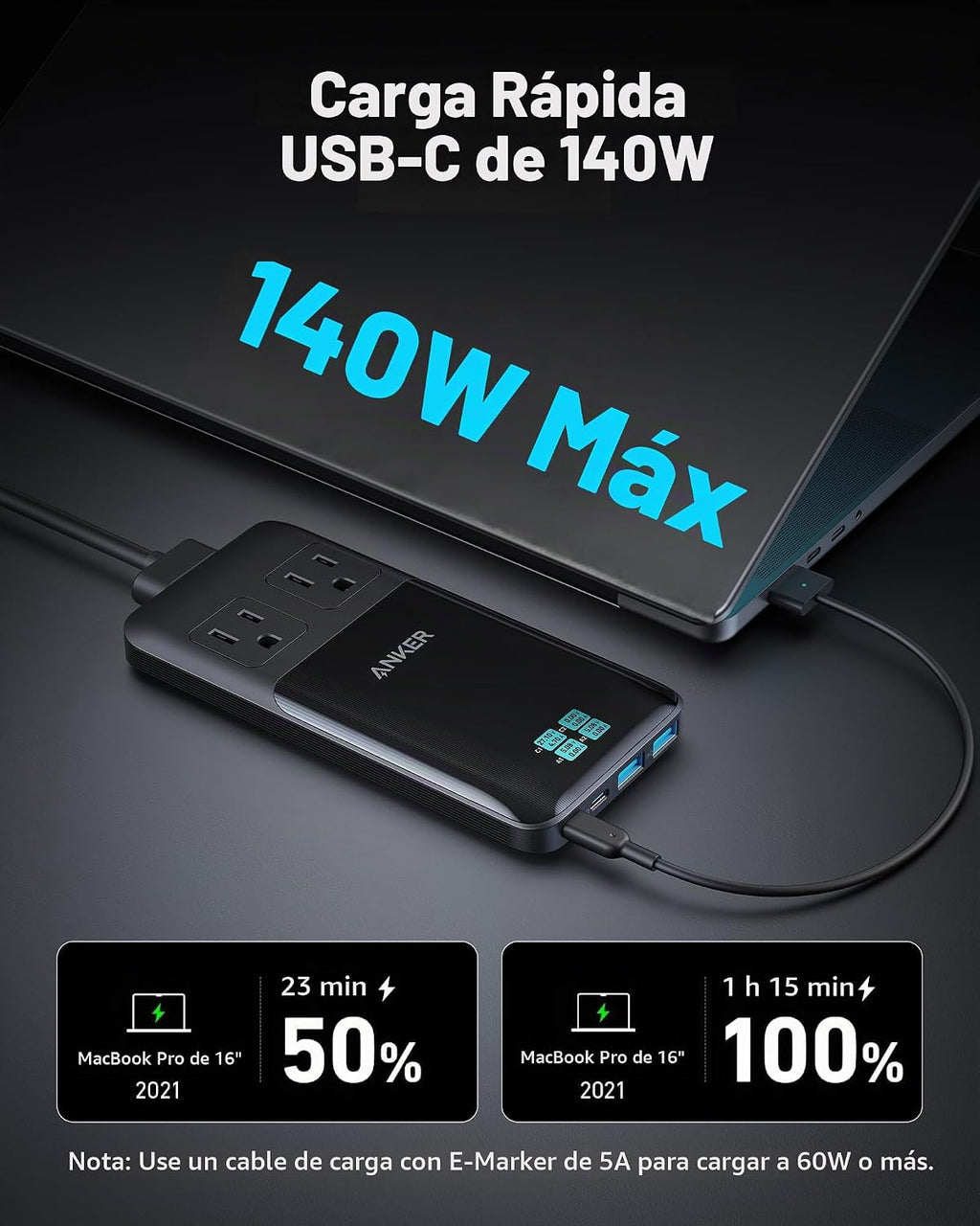 Anker Prime carga Station, 140W 6-en-1 Travel Power Strip, 2 USB C