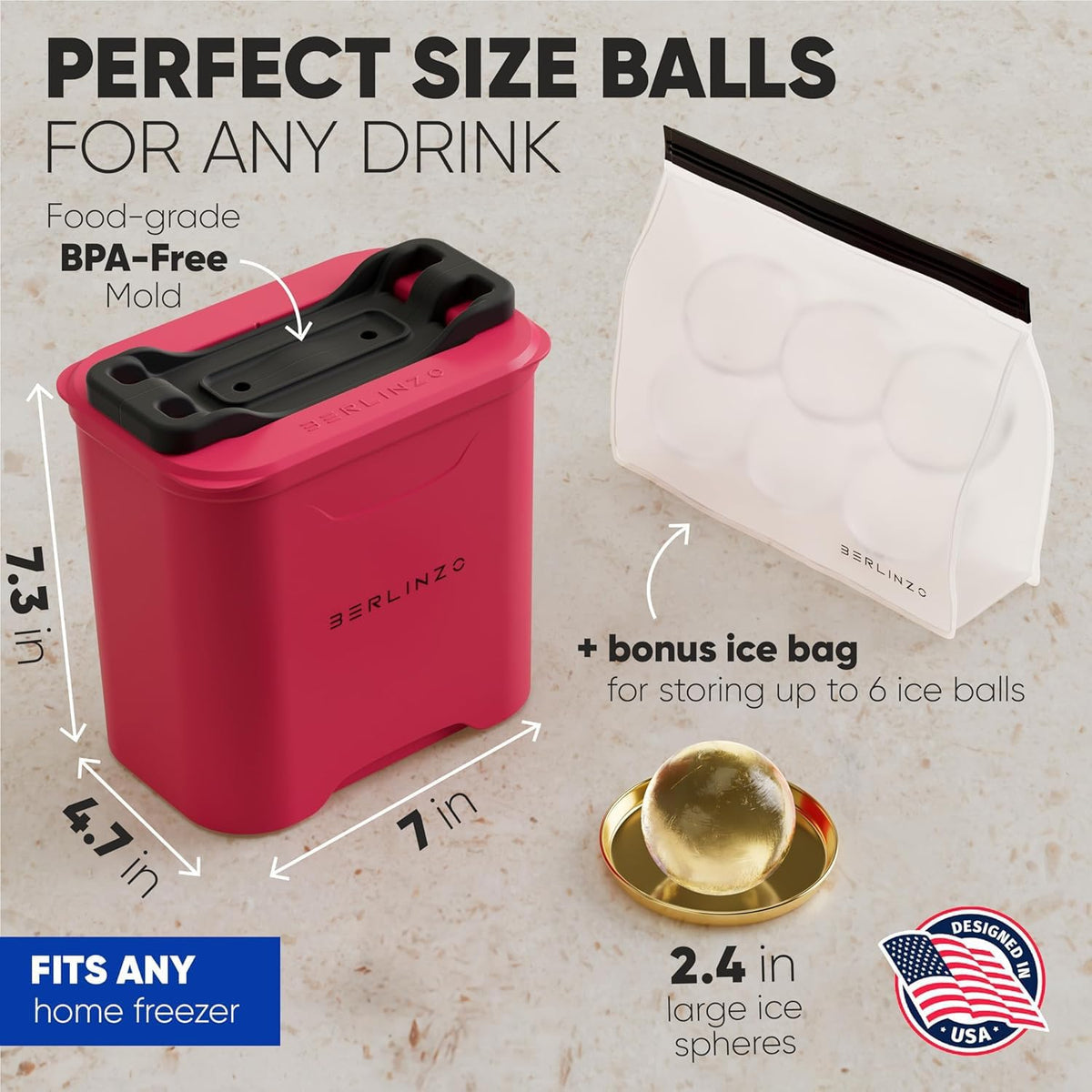 Berlinzo - Molde para hacer bolas de hielo, 2 esferas transparentes de hibisco de 2.4 pulgadas, no eléctrico