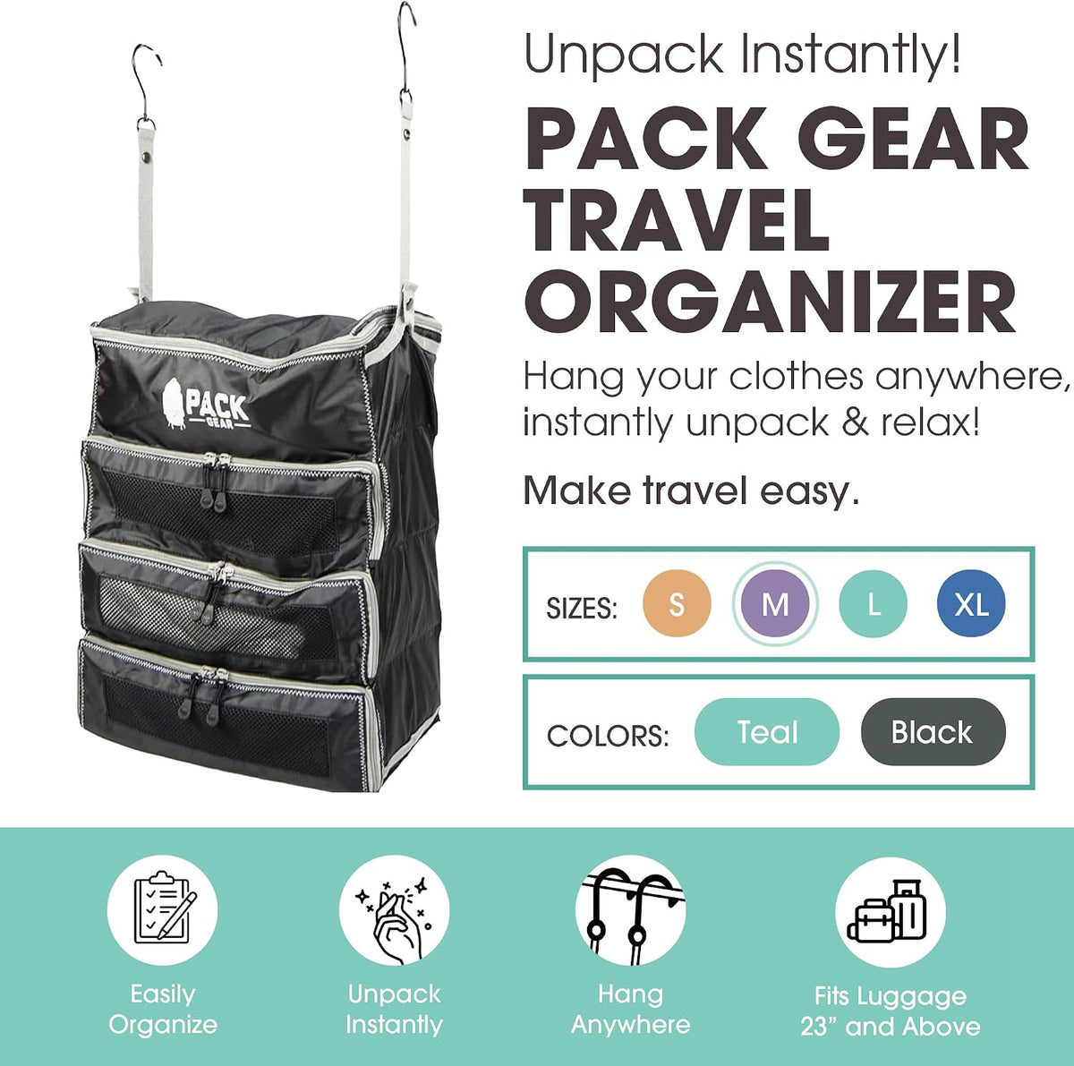 Organizador de maleta colgante, Negro, Moderno