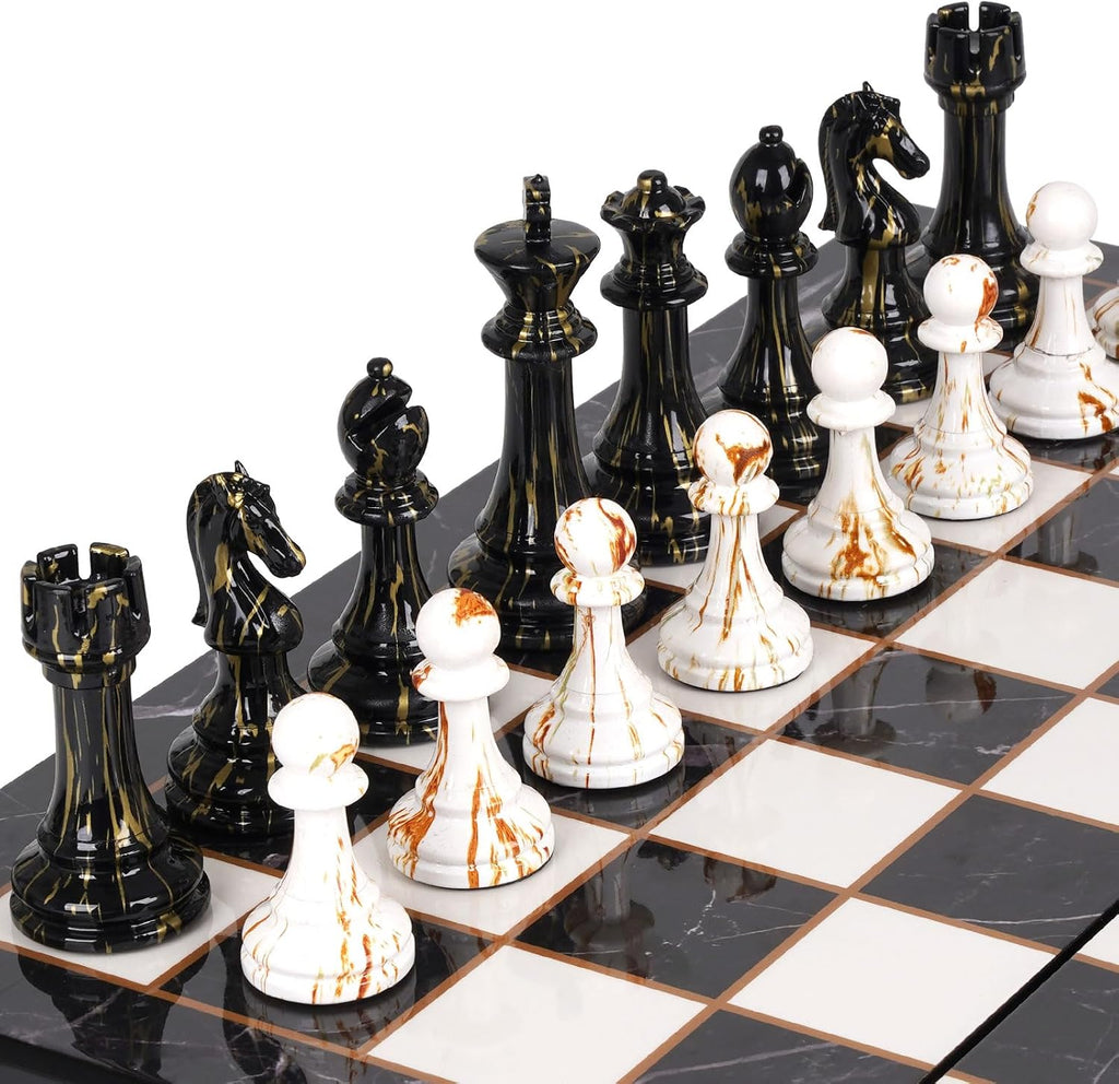 Juego de ajedrez grande de 15 pulgadas para adultos con piezas de ajedrez acrílicas con peso, Rey de 3.5 pulgadas y tablero de ajedrez de madera plegable portátil con veteado de mármol, juegos de