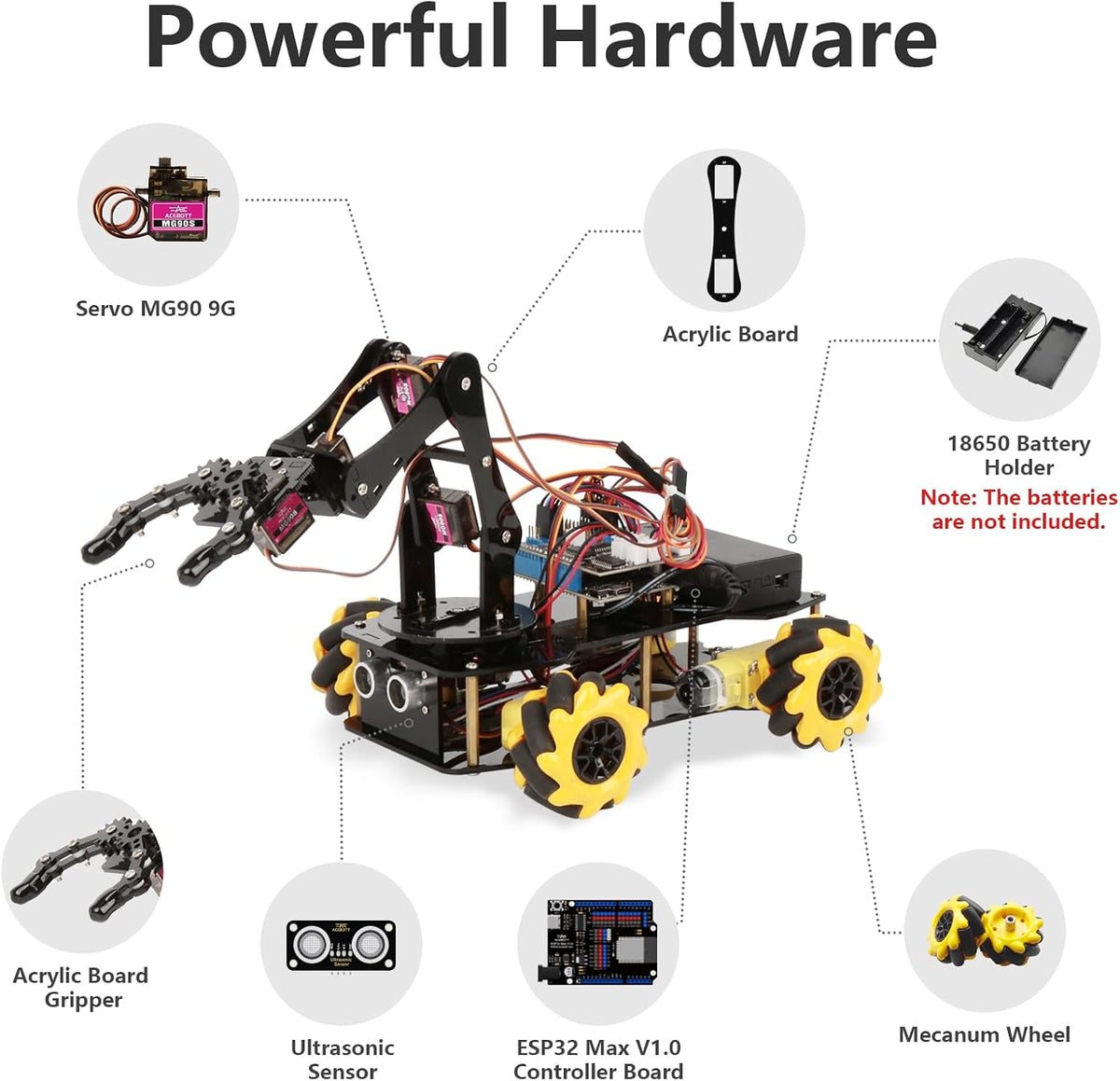 ACEBOTT 5DOF Kit de Coche con Brazo Robótico Inteligente, Coche de Control Remoto 4WD Compatible con Arduino/Python/Blockly Proyecto de Programación/Educación STEM/Kit de Codificación Científica para