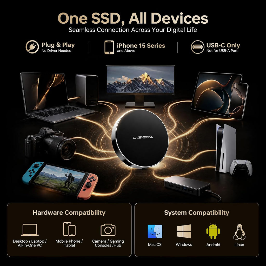 DIGIERA SSD portátil magnético de 1 TB, unidades de estado sólido externas con USB-C 3.2 Gen 2x2, velocidad de hasta 2000 MB/s, compacta y duradera, compatible con iPhone 15/16/17 Series y otros dispositivos USB-C, color negro