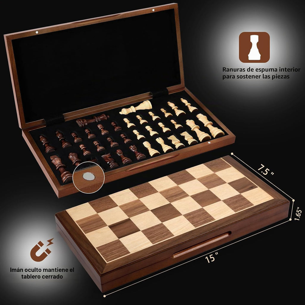 Chess Set Board Games para Adults: Handmade Walnut Wooden 15" 2 Extra Queens Folding Portable Travel Chess Game, Gift idea, Pieces Storage Slots,Instructions