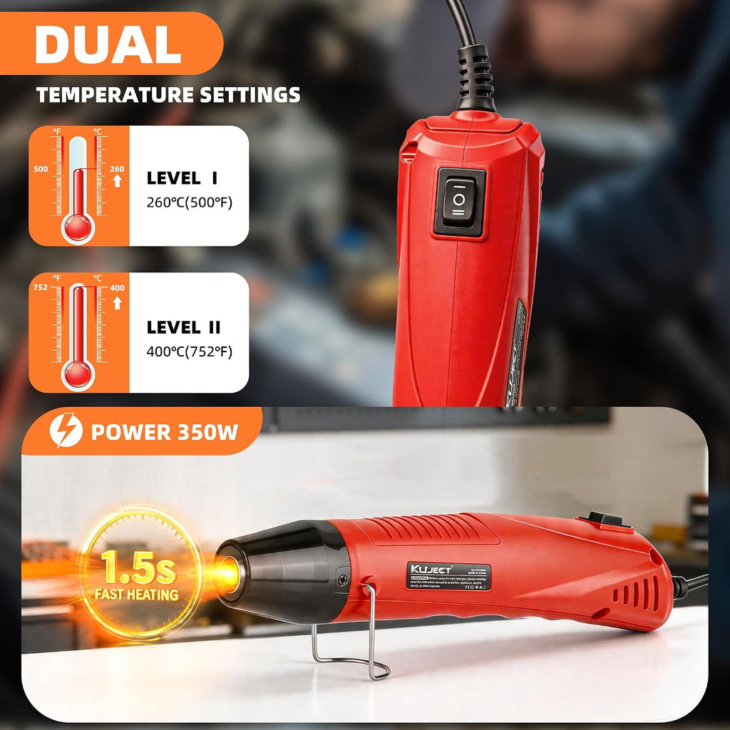 Kuject Mini pistola de calor, kit de conectores de alambre de sellado de soldadura, pistola de calor de doble temperatura de 350 W para tubos retráctiles, kit de reparación de alambre termorretráctil