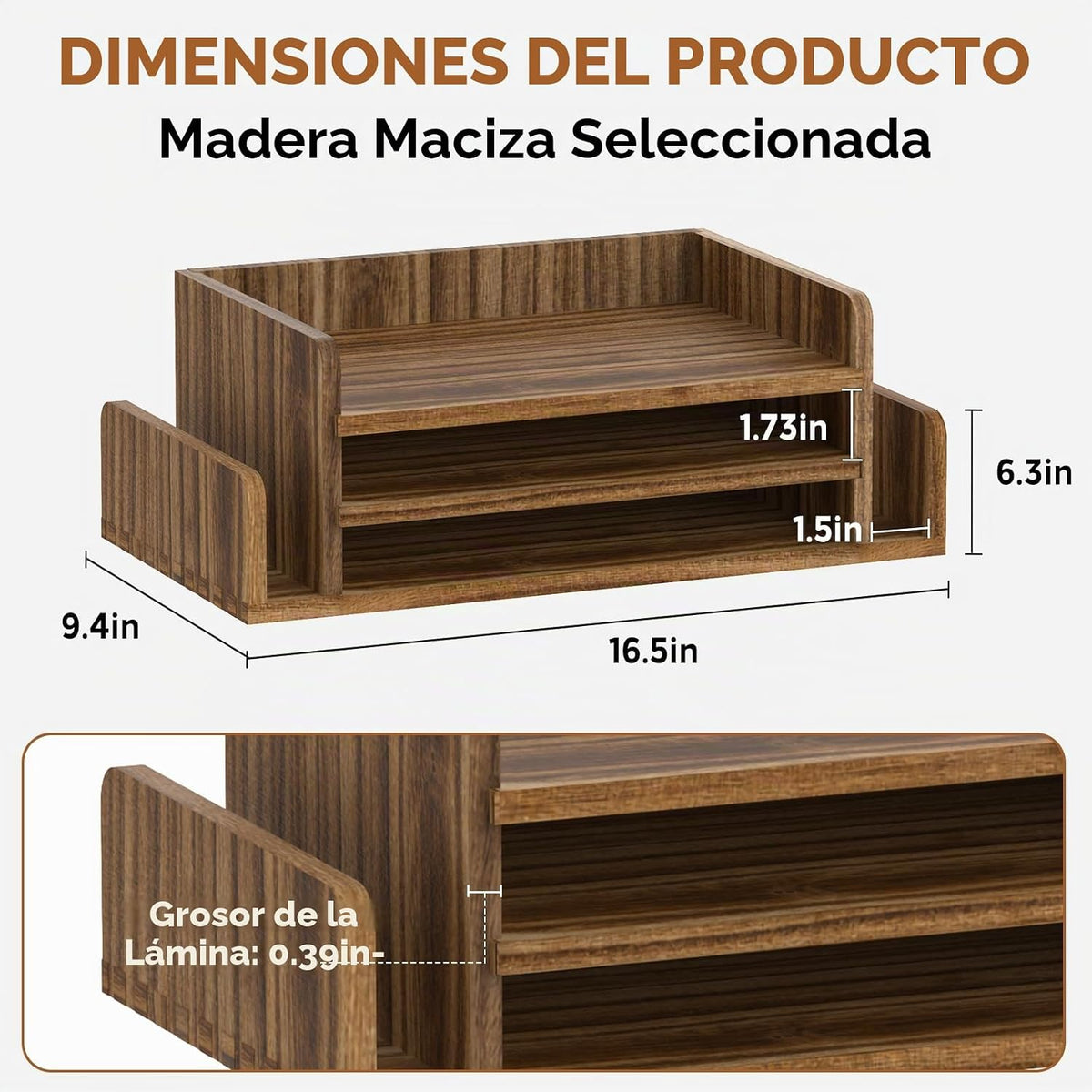 Organizador de escritorio de madera, bandejas de papel de 3 niveles con 2
