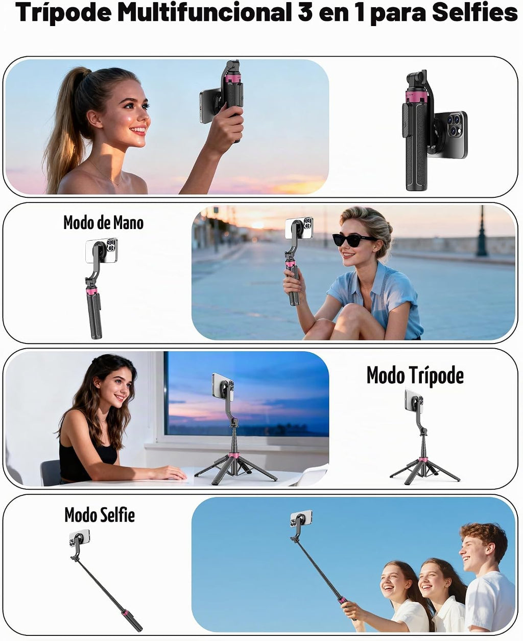 37'' Trípode Magnético para Teléfono, Trípode Portátil para Selfie y Base de 4 Patas