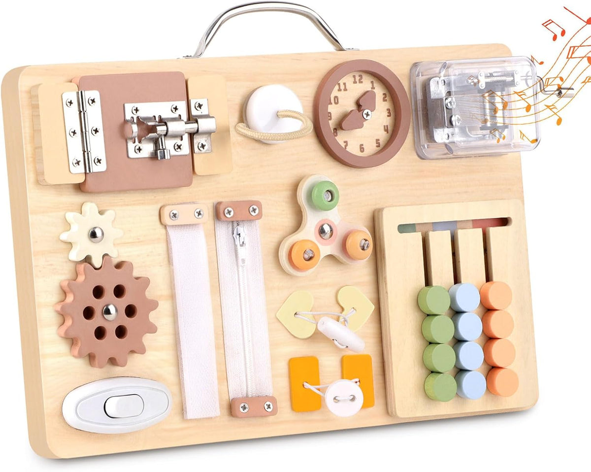 Montessori - Tabla de actividades sensoriales de madera 16 en 1 con caja de música, habilidades motoras finas, juguete de aprendizaje de habilidades motoras finas, regalo educativo de viaje