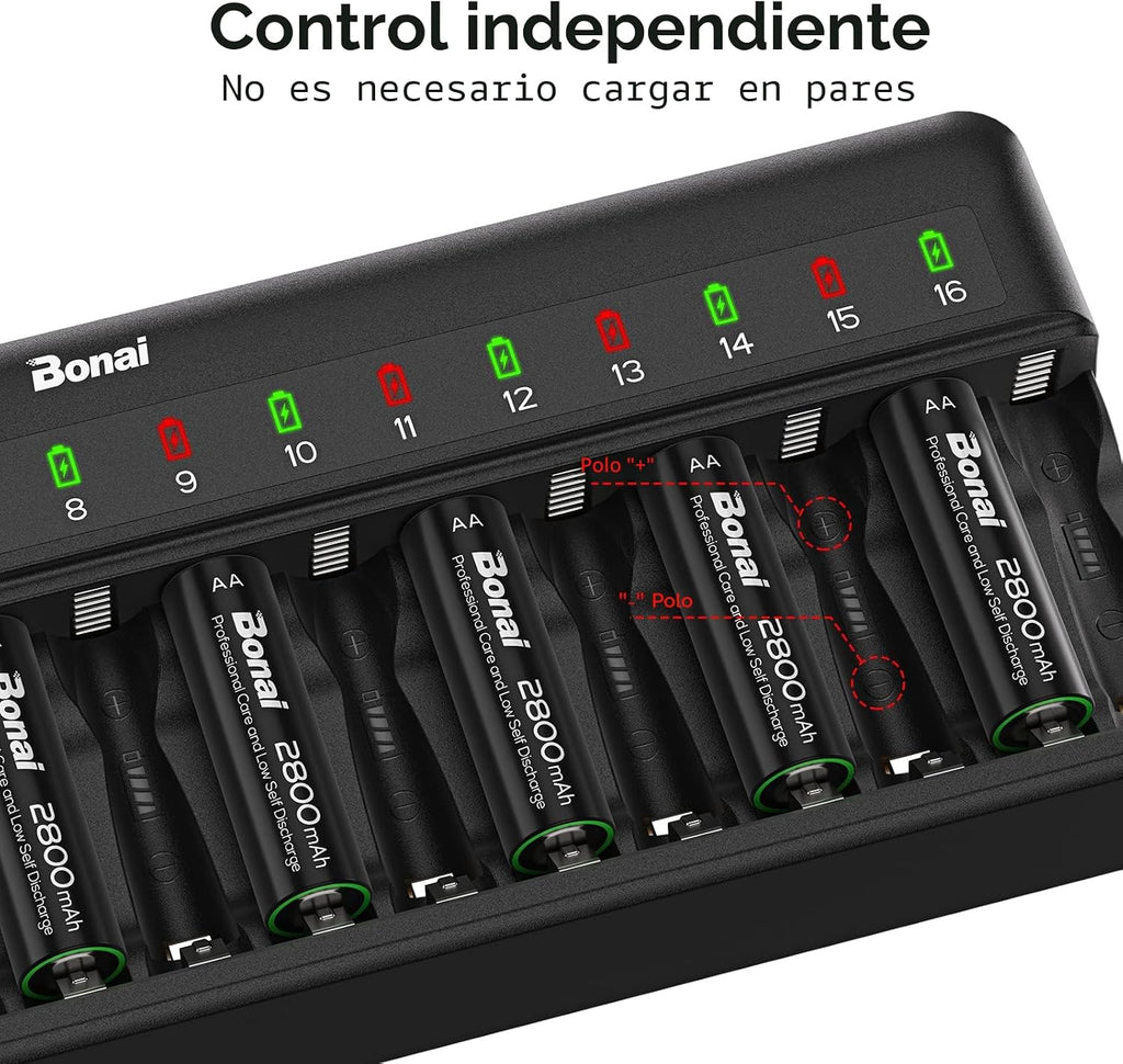 BONAI AA AAA Battery Charger 16 Bay para NiMH Rechargeable Batteries Independent Control con LED Light y Standard American AC carga Plug, Battery not Included - negro