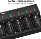 BONAI AA AAA Battery Charger 16 Bay para NiMH Rechargeable Batteries Independent Control con LED Light y Standard American AC carga Plug, Battery not Included - negro