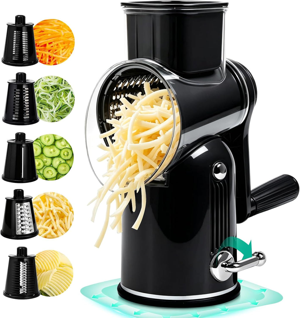 Rallador de queso giratorio de manivela, 5 cuchillas, trituradora de alimentos, picadora, base redonda de succión fuerte, accesorio de cocina con caja de almacenamiento para frutas y