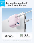 Anker Nano 70W Max Cargador Rápido de 3 Puertos USB-C, cargador tipo C de carga