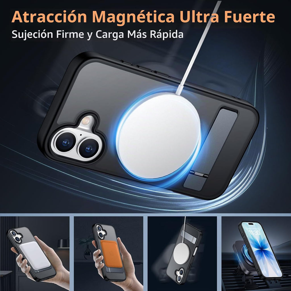 SPIDERCASE - Funda magnética para iPhone 16, soporte integrado, color negro