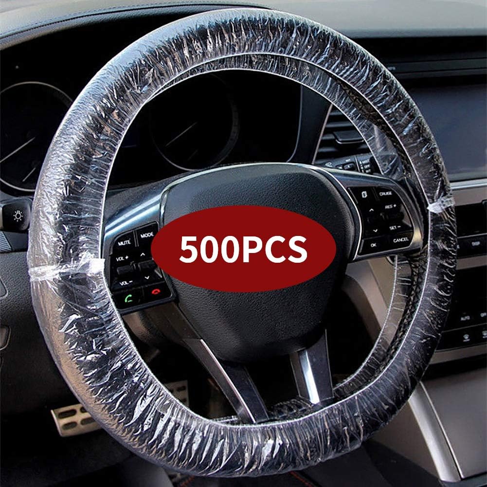 ICWEIMEI - 500 unidades de fundas universales desechables para volante de coche de plástico transparente con bordes elásticos para volantes