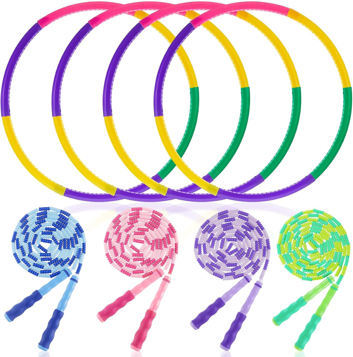 Silipull El juego de 8 piezas de aro de juguete y cuerda de saltar para niños incluye 4 cuerdas de saltar y 4 aros desmontables de tamaño de peso para gimnasia, equipo de regalo de ejercicio