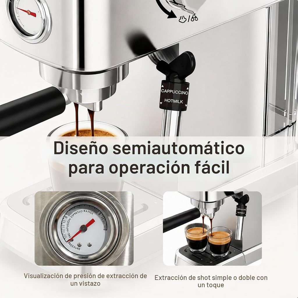 MEGAWISE Máquina de café expreso de 20 bares | Cafetera compacta de acero inoxidable con espumador de leche de vapor, tanque extraíble | Máquina de café con leche de capuchino para el hogar, color