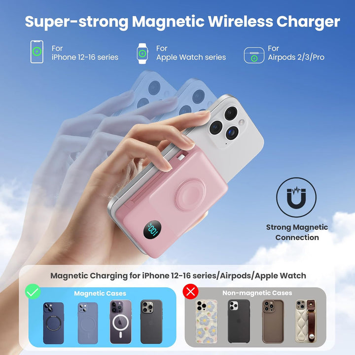 Cargador portátil magnético 6 en 1 para iPhone con cables integrado...