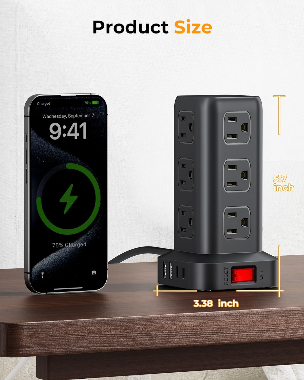 Regleta de alimentación con 12 tomas, 4 USB (1 USB C), cable de extensión de 6.5 pies con múltiples tomas, estación de carga, torre de regleta de alimentación, suministros de escritorio de oficina en