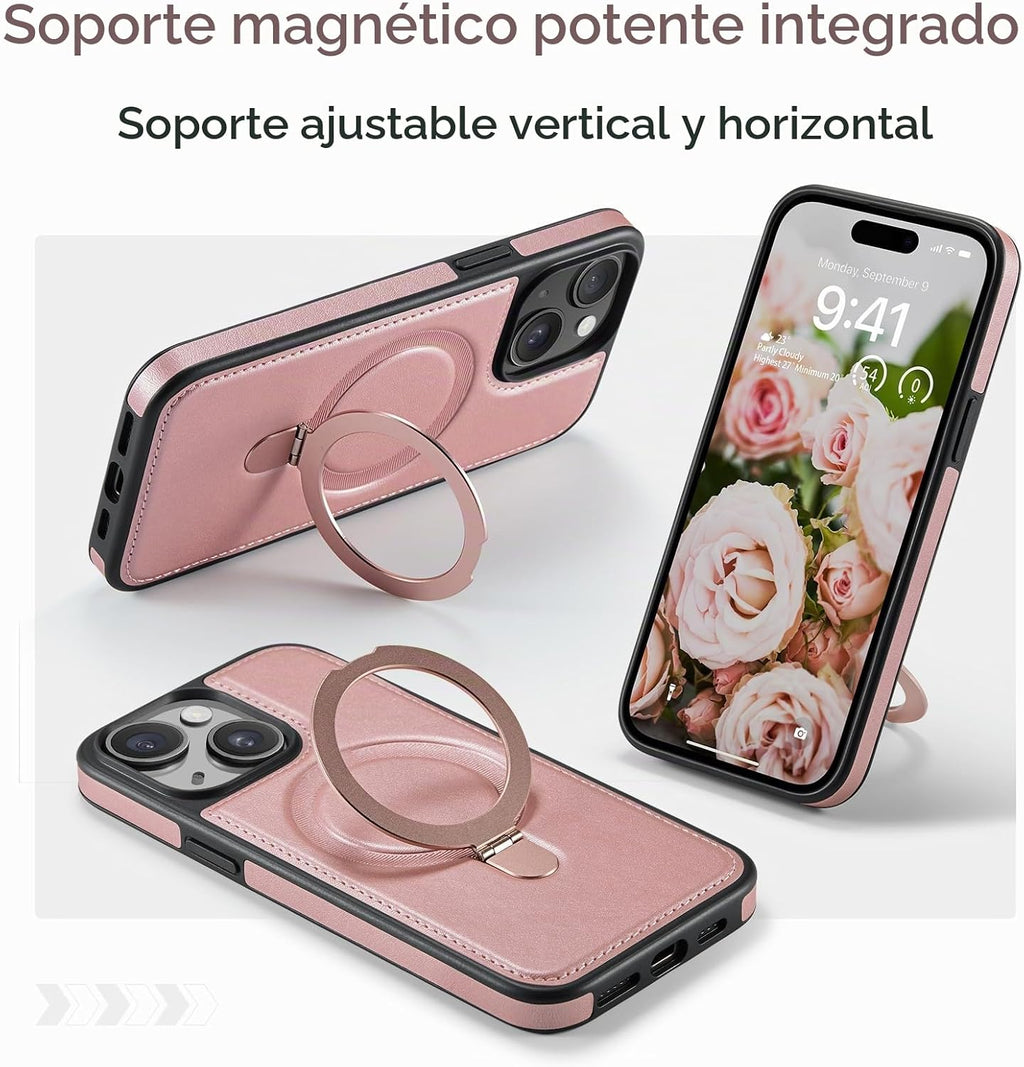 Funda para iPhone 15 con Soporte Compatible con Magsafe de Cuero Delgado y TPU Duradero a Prueba de Caídas Kickstand Magnético Funda Protectora para Teléfono con Protector de Pantalla de