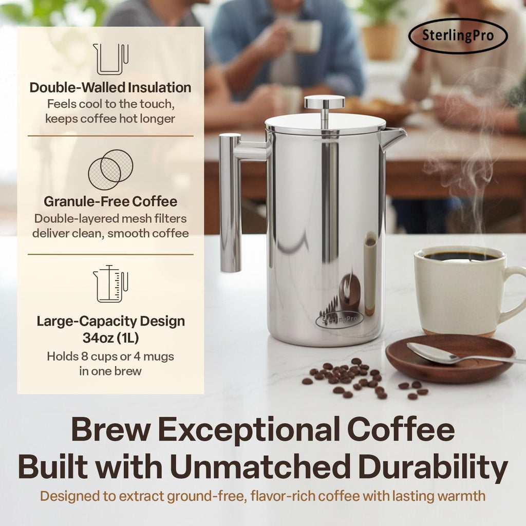 SterlingPro Cafetera de prensa francesa de acero inoxidable con aislamiento no tóxico, 34 onzas, cafetera de doble pared de metal aislada, sin plástico, tacto frío, acabado espejo, hace hasta 8 tazas