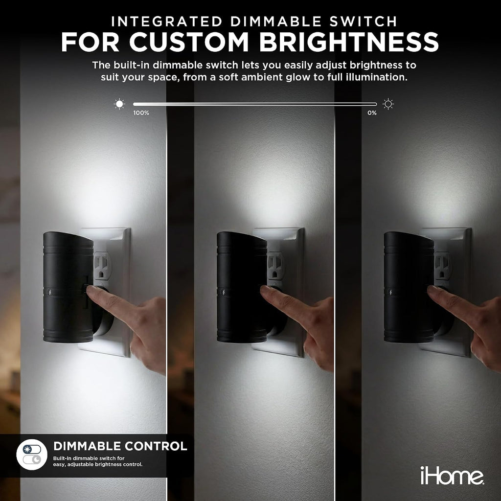 iHome Luz nocturna enchufable regulable bidireccional, brillo cálido, sensor inteligente, brillo ajustable