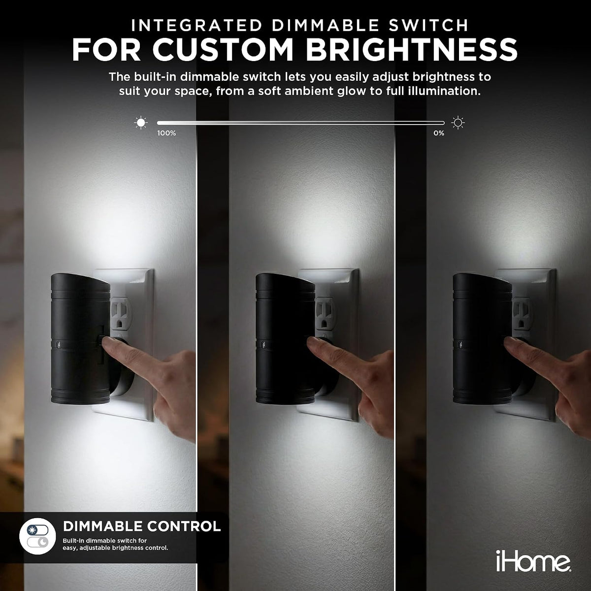 iHome Luz nocturna enchufable regulable bidireccional, brillo cálido, sensor inteligente, brillo ajustable