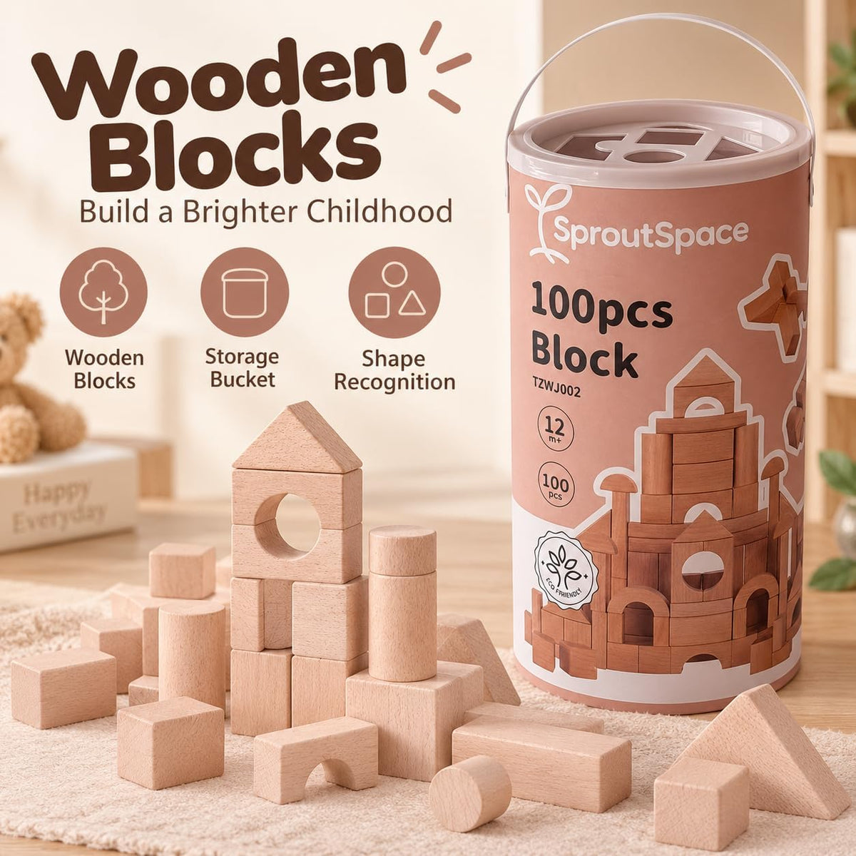100 bloques de madera para niños pequeños de 1 a 3 años, bloques de