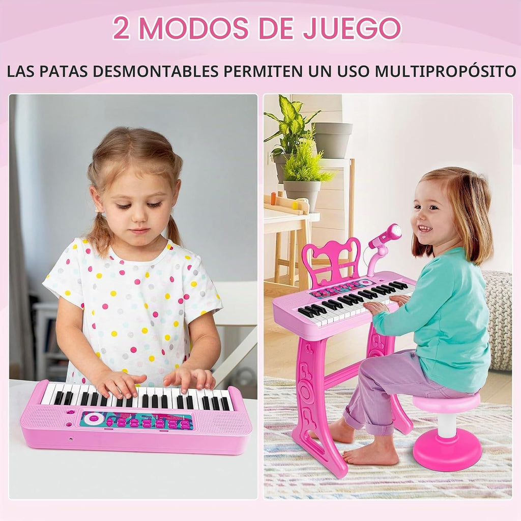 Amy&Benton - Regalo de cumpleaños para niñas de 3, 4, 5, 6, 7 años, piano de juguete con soporte para niñas de 3 a 5 años, juguete de teclado musical rosa, 37 teclas con silla