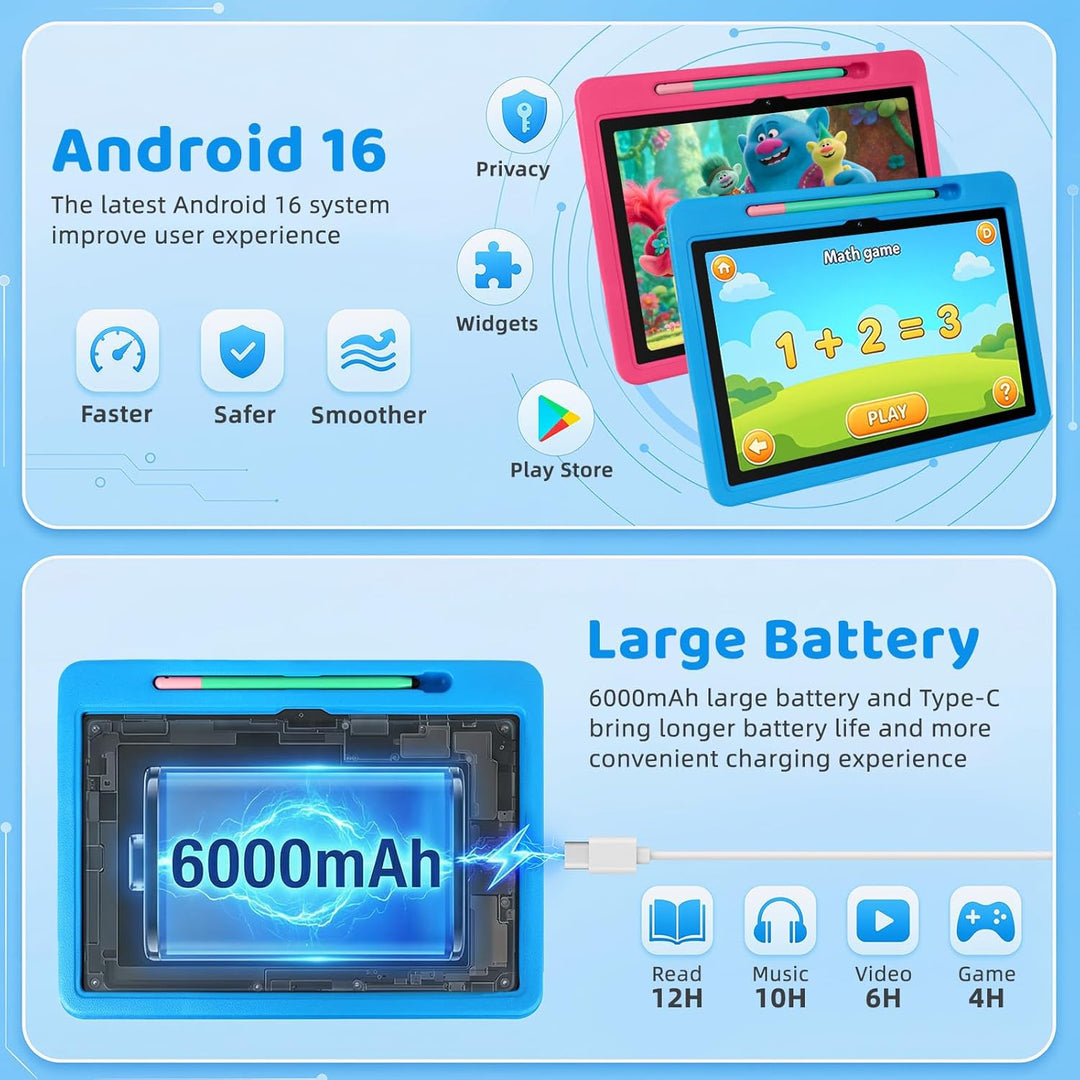 Tablet Android 16 para niños mejorada 2026, tableta de 10 pulgadas...