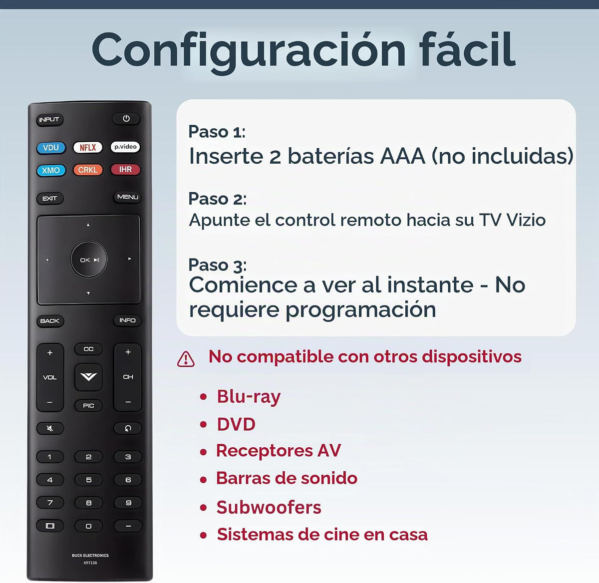 XRT136 - Control remoto de repuesto para televisores Vizio SmartCast, fácil configuración, infrarrojos, teclas de acceso directo, control remoto universal, compatible con D, E, M, P