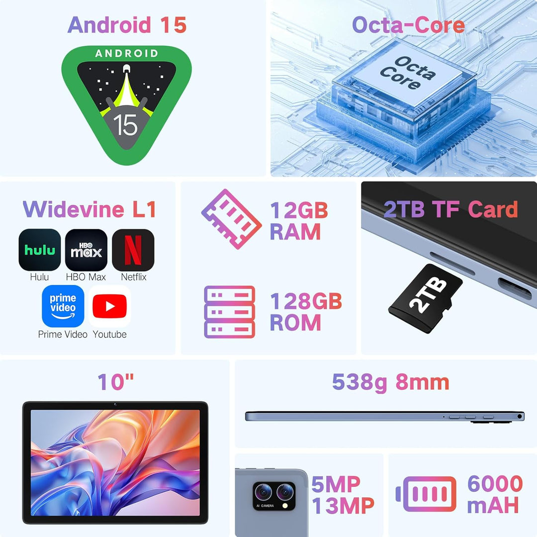 Tableta, Android 15 Tablets 10 pulgadas con 12 GB de RAM+128 GB de...