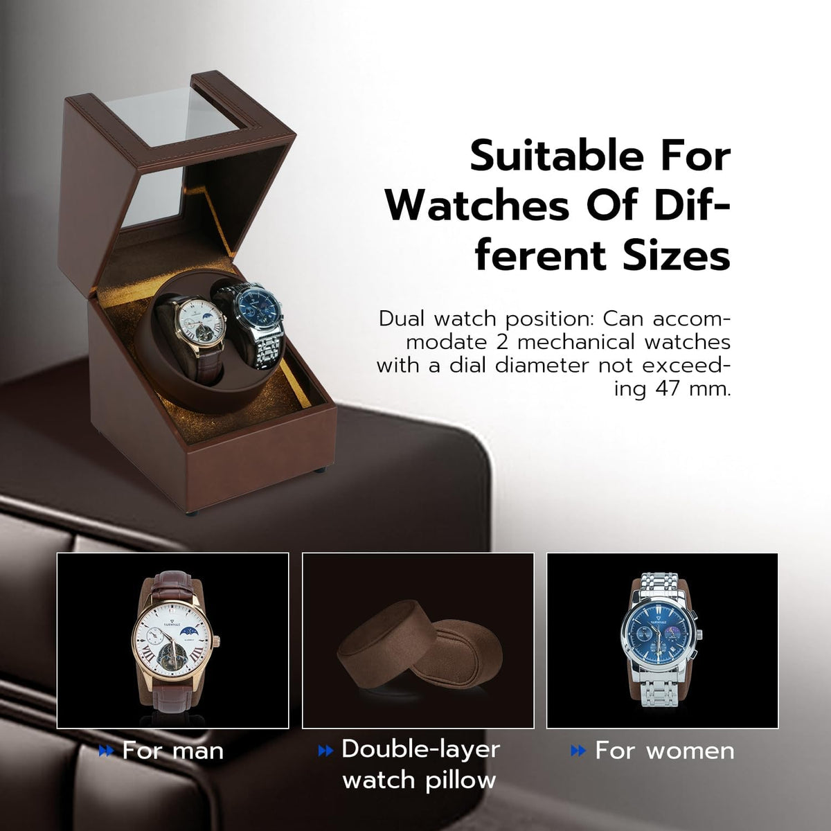 Mcbazel Enrollador de reloj con luz LED, caja de bobinadora de reloj doble para relojes automáticos, motor ultra silencioso, 5 modos de rotación, regalos para hombres, seres queridos y mujeres