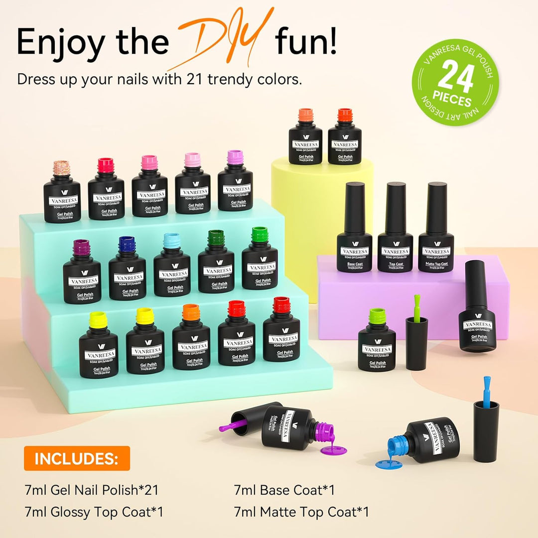 Vanreesa - Juego de 24 esmaltes de gel para uñas, 21 colores brilla...
