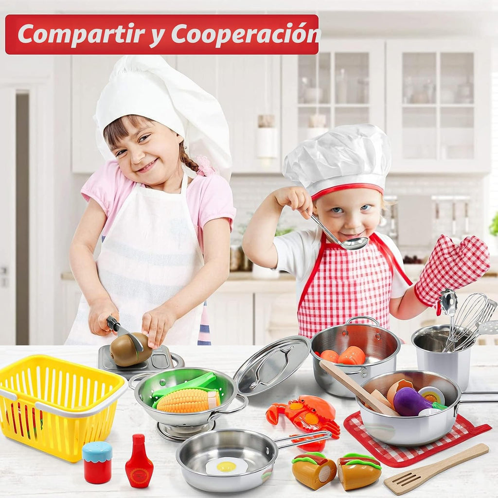 Juego de accesorios de cocina para niños, juego de 32 artículos de ollas y sartenes de acero inoxidable con organizador de estante, utensilios de cocina de metal y delantal, comida de juego con cesta